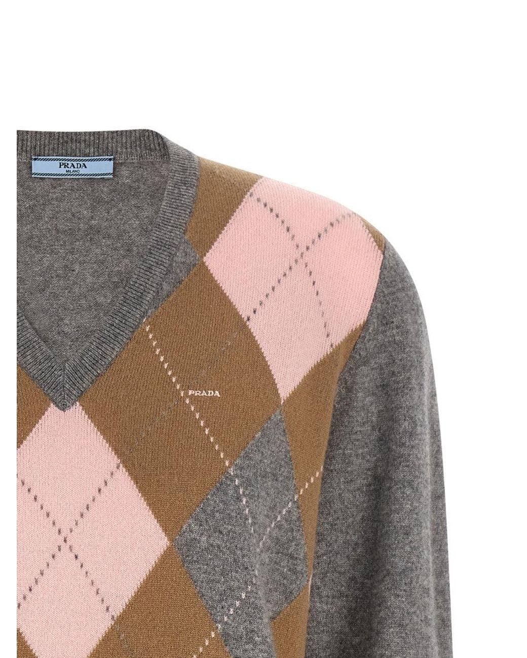 Prada Gray Checks V Neck Sweater