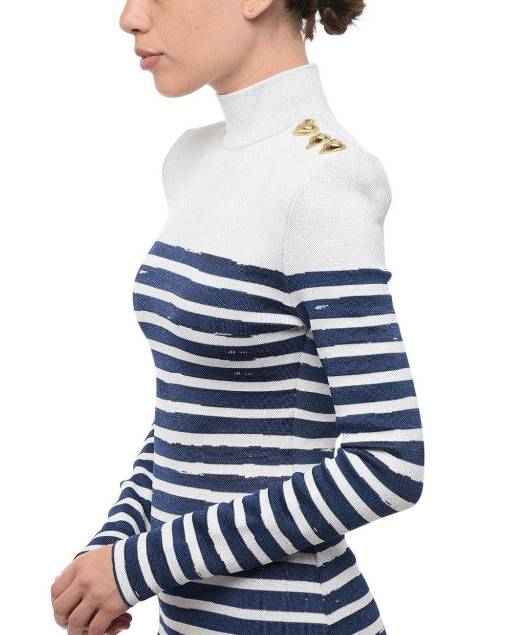 Balmain Blue Stripes Mock Collar Mini Dress