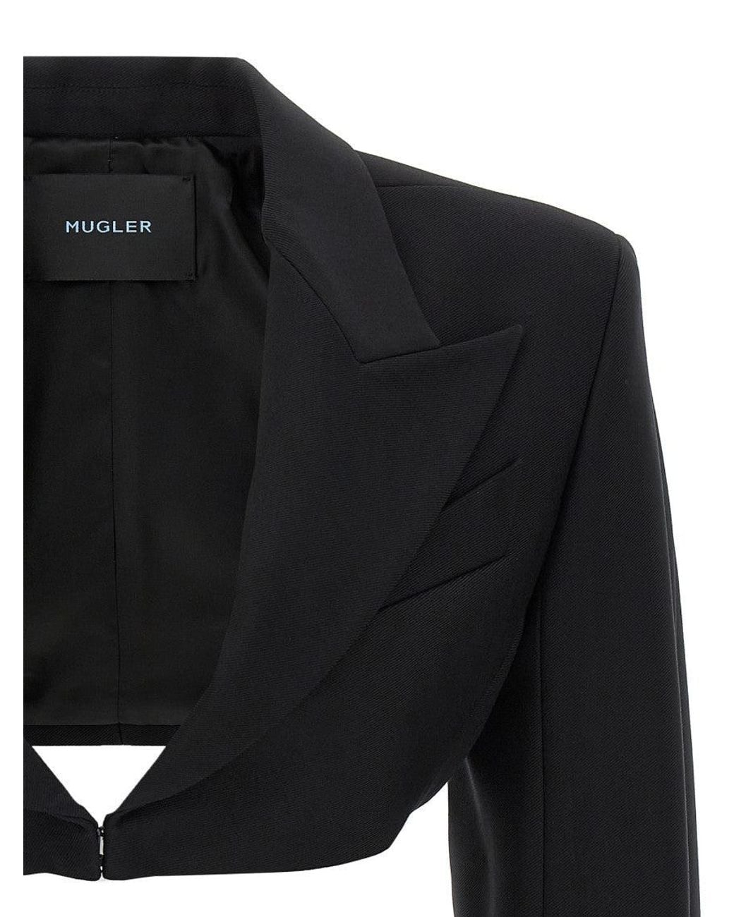 Mugler Black Cropped Jacket With Padded Shoulders Jackets