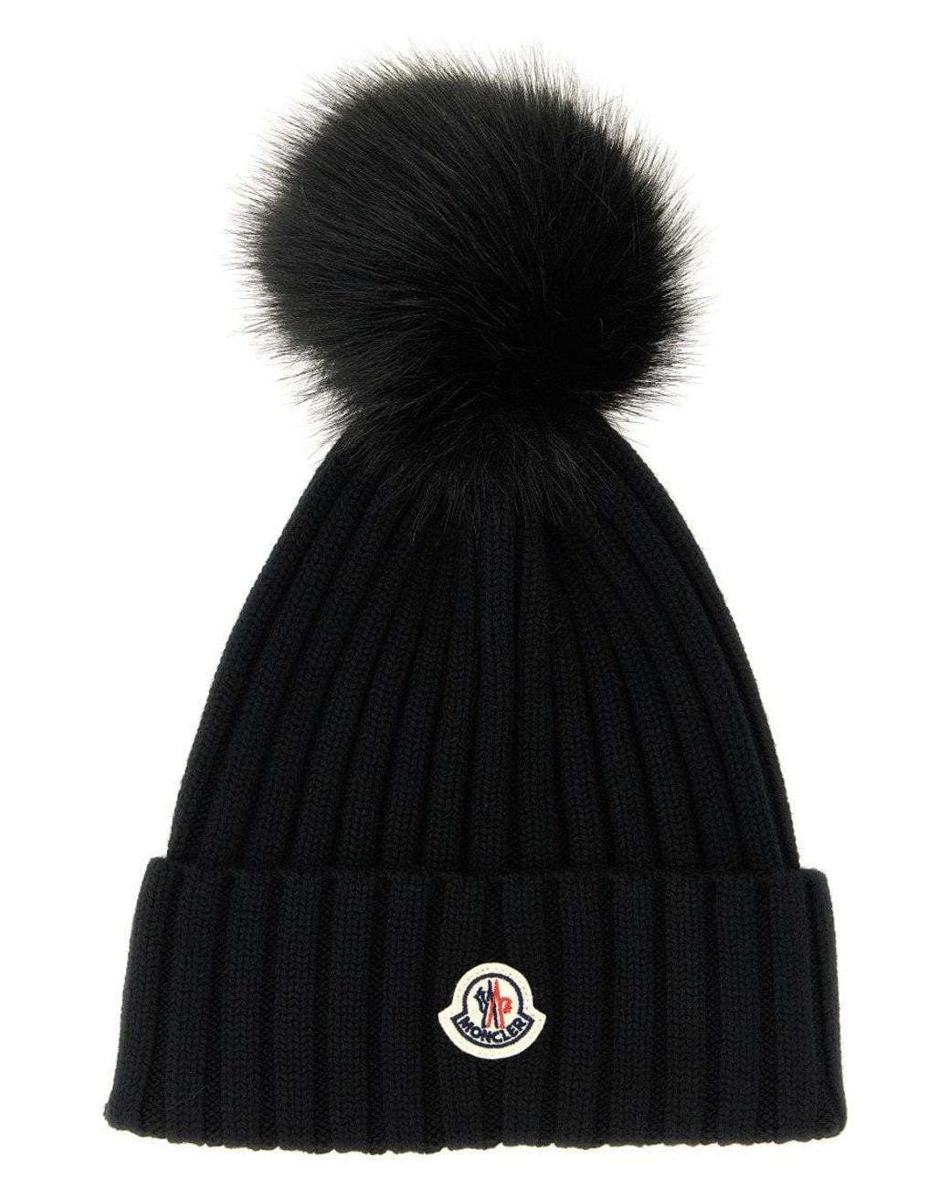 Moncler Black Pompon Logo Beanie Hat