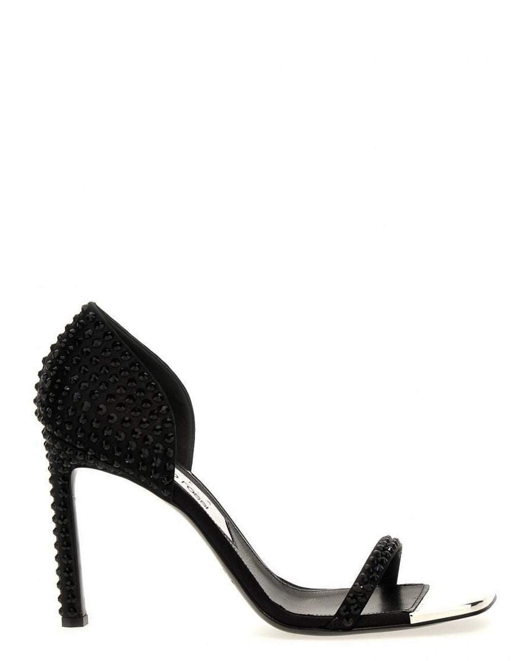 Sergio Rossi Black Area Dagger Satin Sandals With Rhinestone