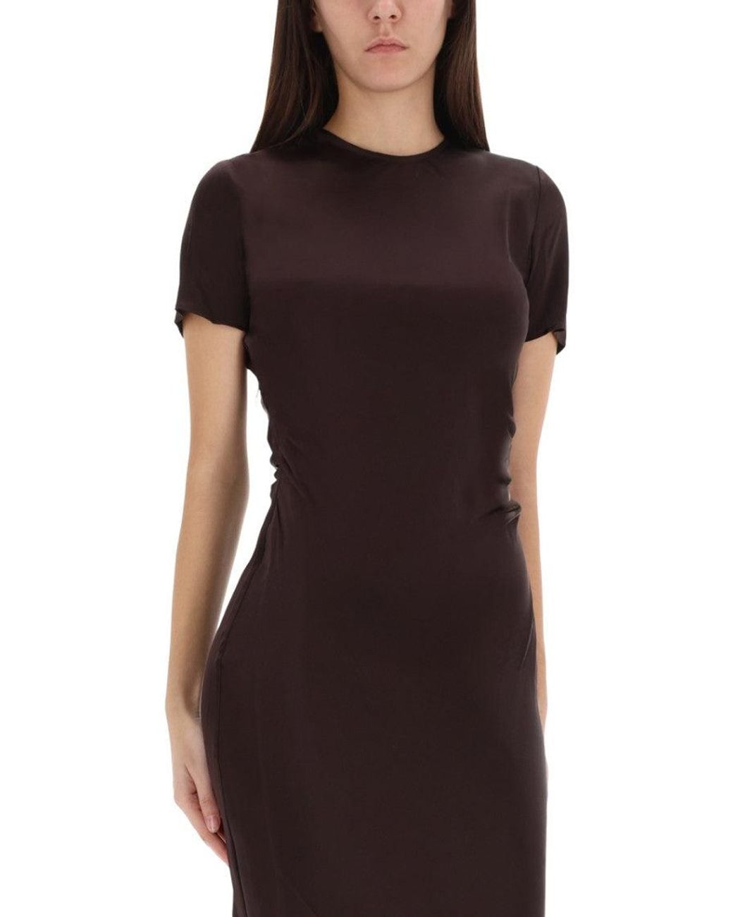 Staud Red Solid Round Neck Midi Dress