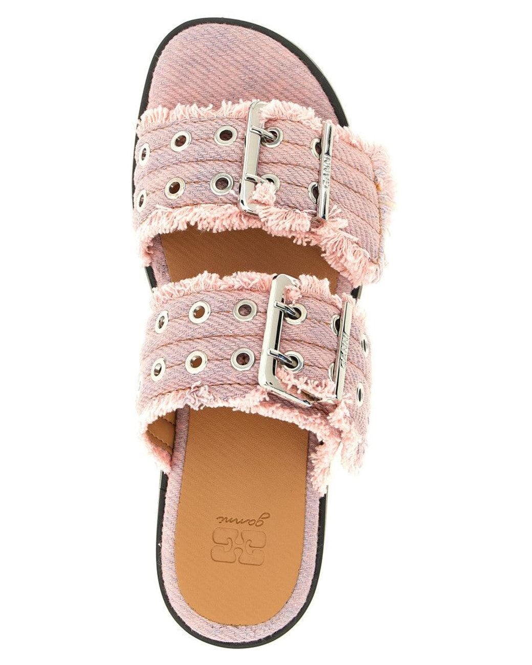 Ganni Pink Buckle Fringed Denim Sandals