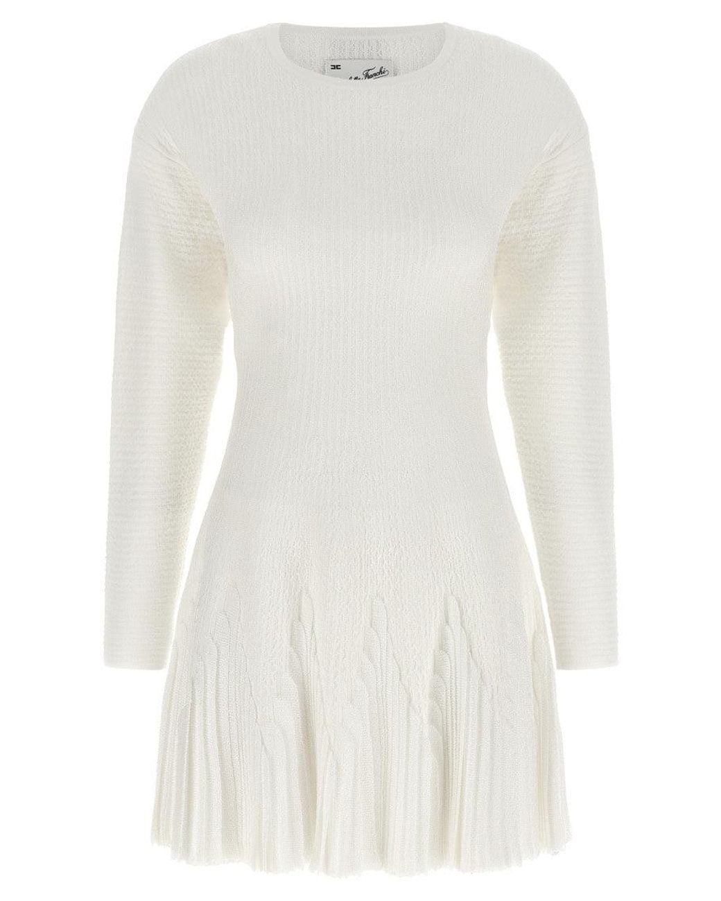 Elisabetta Franchi White Textured Crew Neck Mini Dress