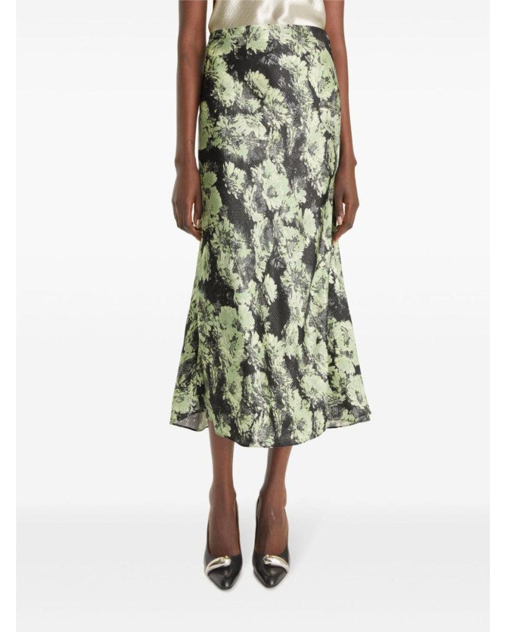 Tory Burch Green Printed Satin Skirt