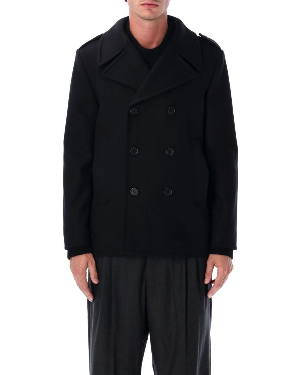 Saint Laurent Black Wool Peacoat With Epaulettes for men