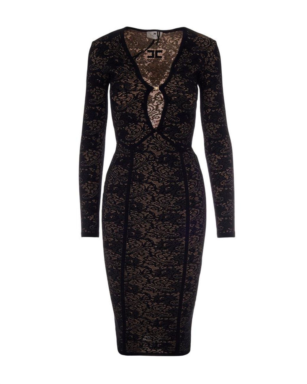 Elisabetta Franchi Black Slim-Fit Midi Dress With V-Neckline And Jacquard Detailing