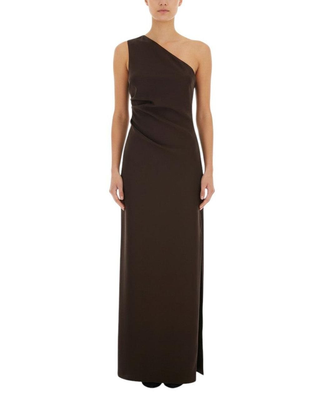 P.A.R.O.S.H. Brown One Shoulder Maxi Dress