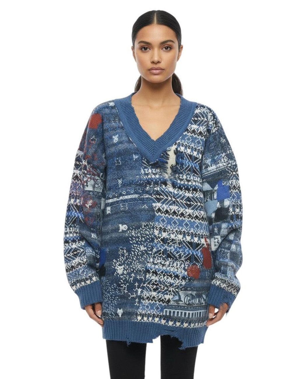 Maison Margiela Blue Jacquard V Neck Sweater