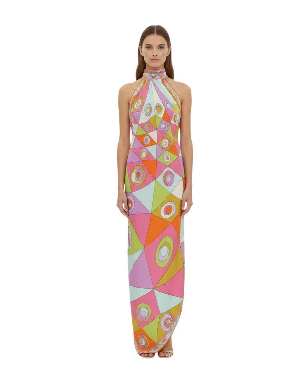 Emilio Pucci White Multi Color Halter Neck Maxi Dress