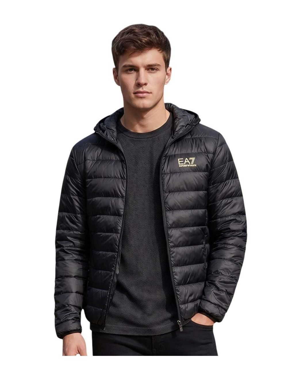 EA7 Black Quilted Hood Jacket for men