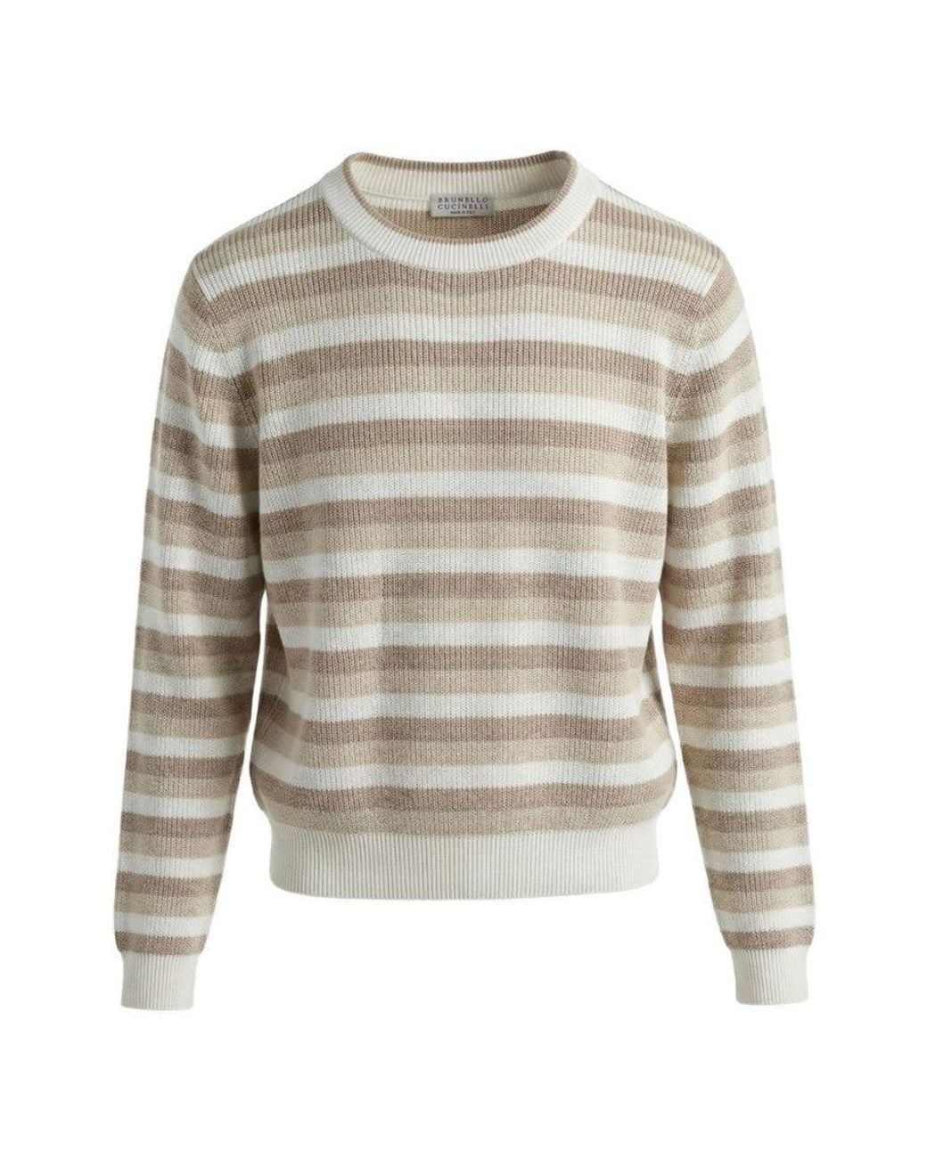 Brunello Cucinelli White Stripes Crew Neck Sweater