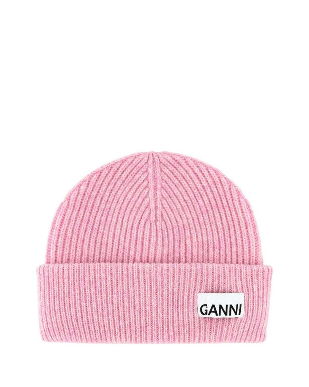 Ganni Pink Light Logo Beanie Hat