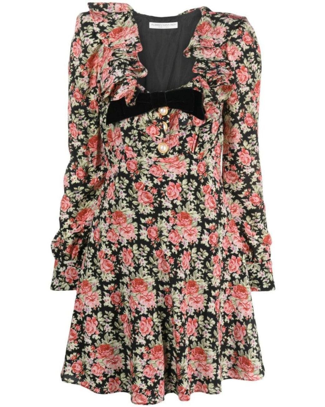 Alessandra Rich Black Rose-Print Silk Minidress