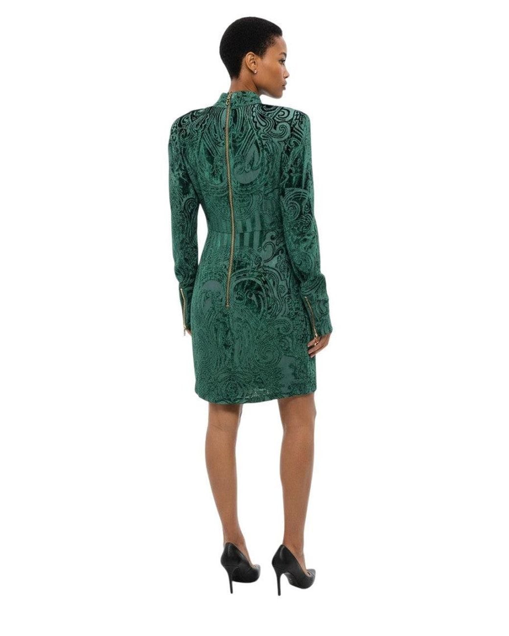 Balmain Green Abstract Mock Collar Dress