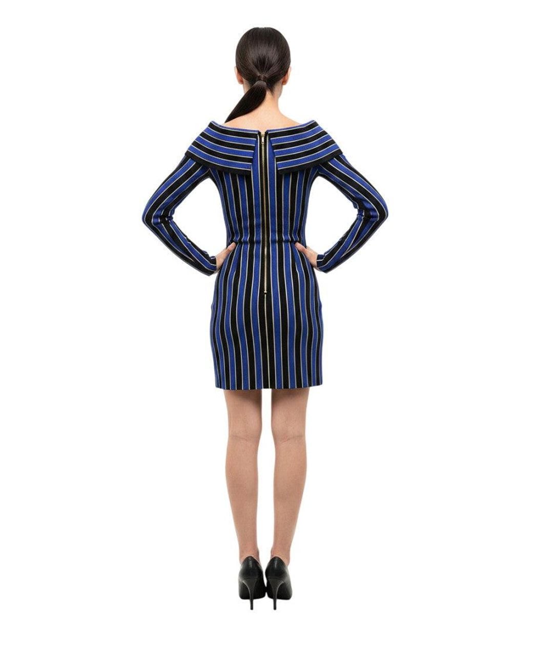 Balmain Blue Stripes Off Shoulder Mini Dress