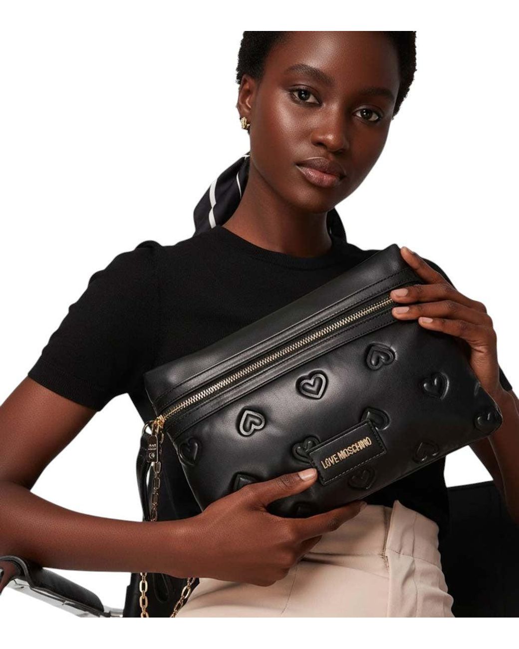 Love Moschino Black Embossed Hearts Medium Crossbody Bag