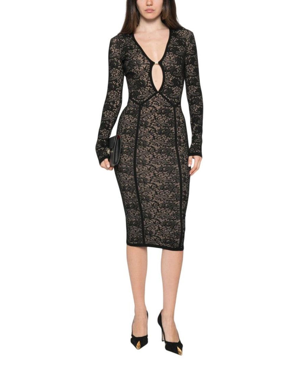 Elisabetta Franchi Black Slim-Fit Midi Dress With V-Neckline And Jacquard Detailing