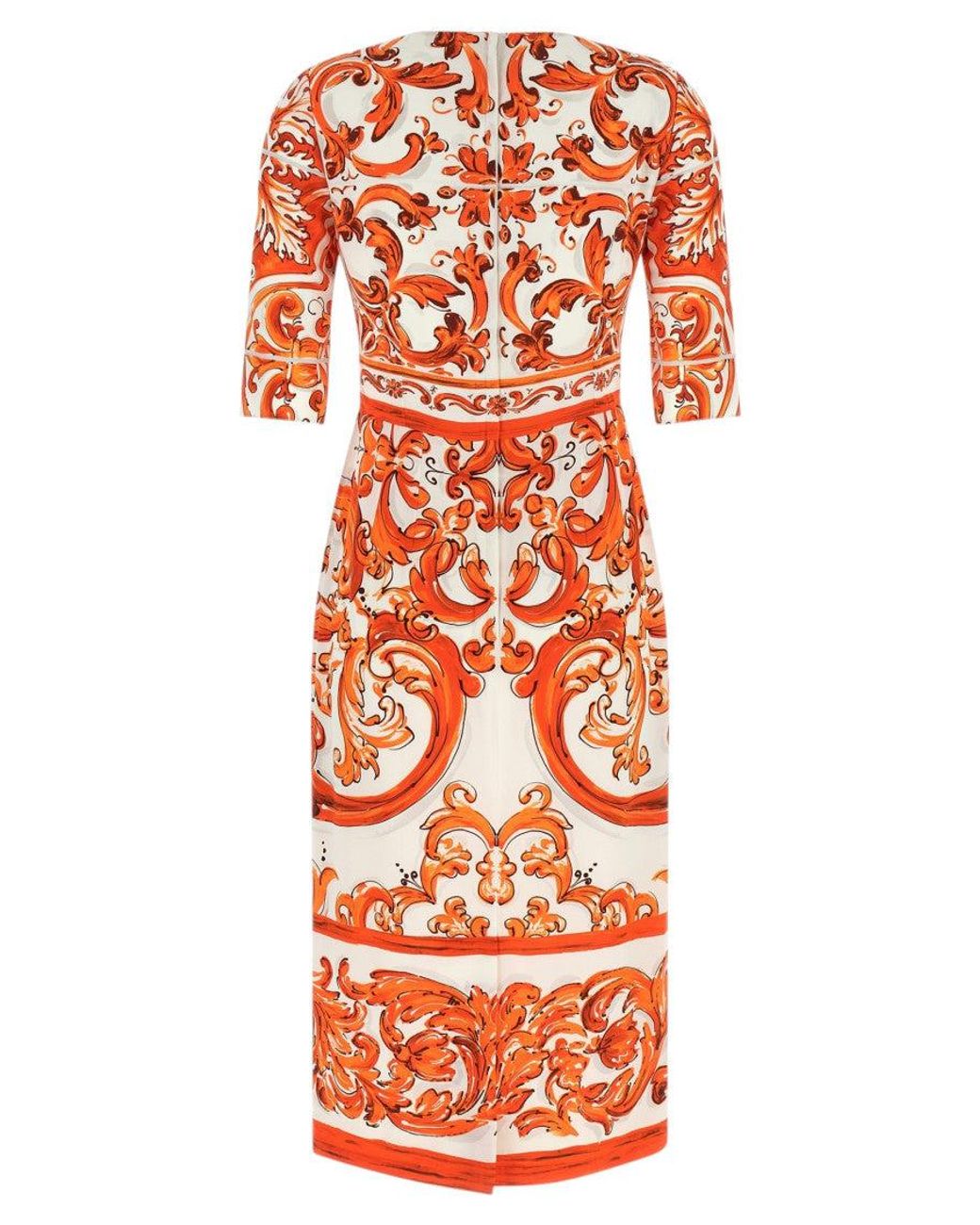 Dolce & Gabbana Orange Printed Round Neck Midi Dress