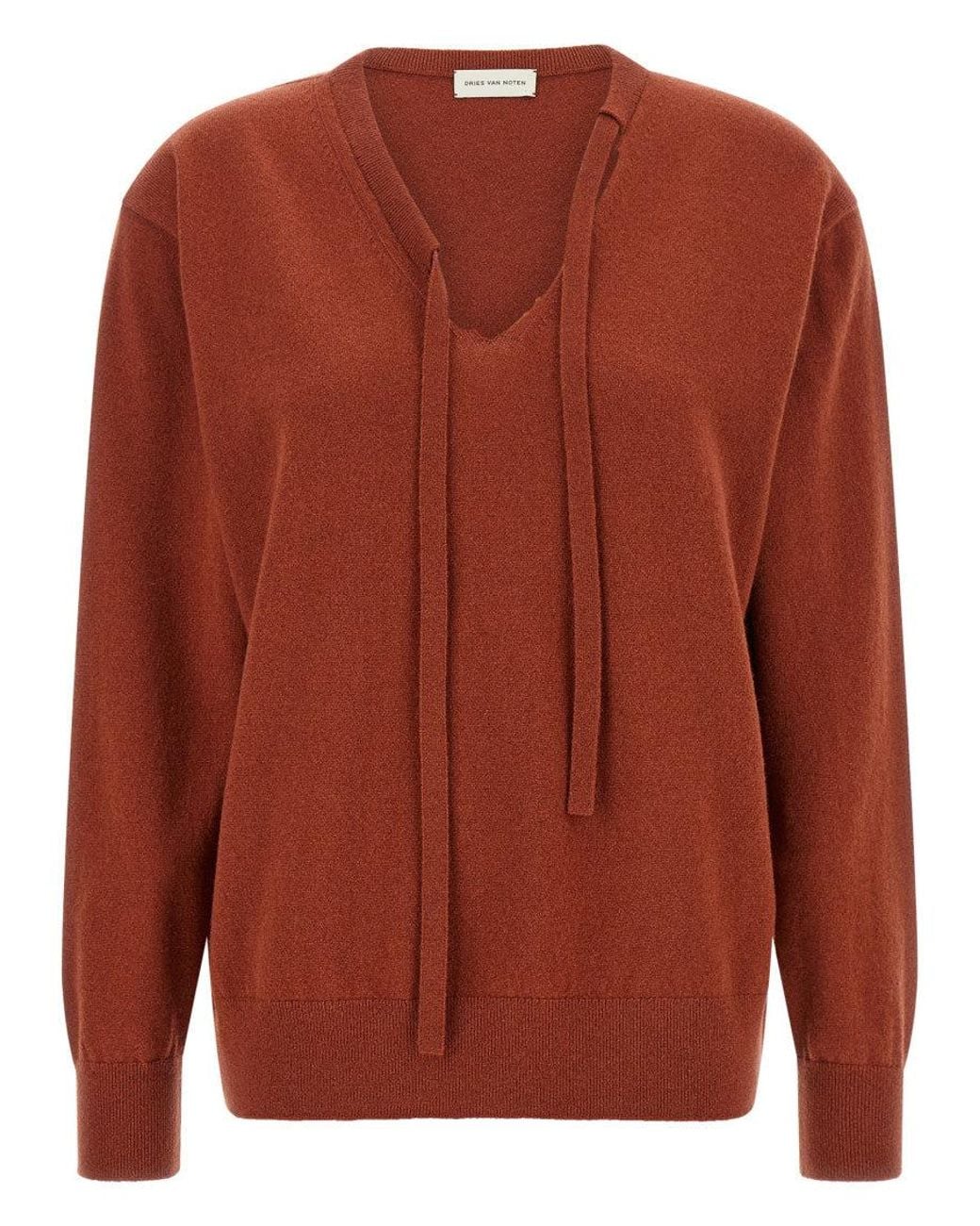 Dries Van Noten Brown Rust Solid V Neck Sweater