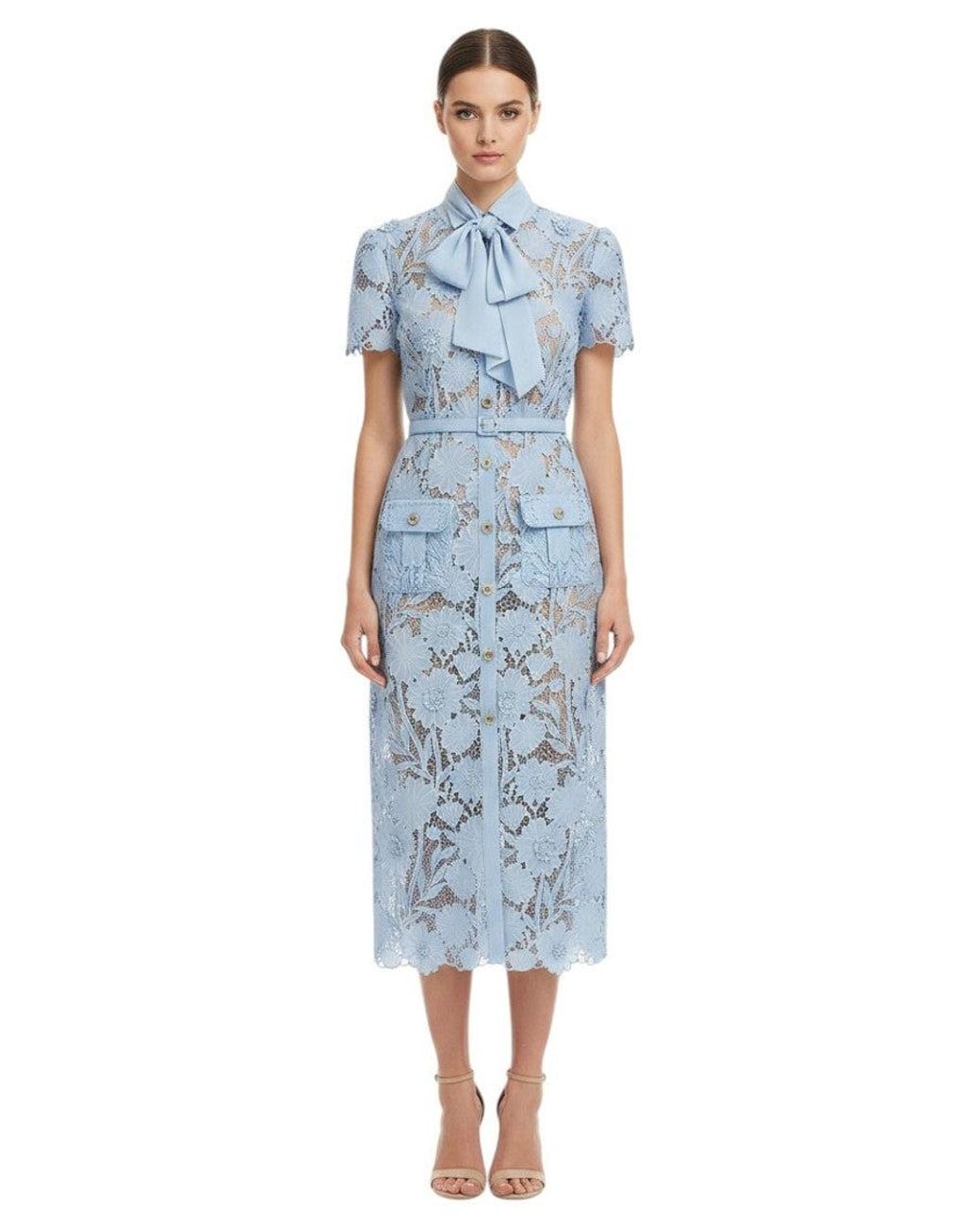 Self-Portrait Blue Light Floral Shirt Collar Midi Dress
