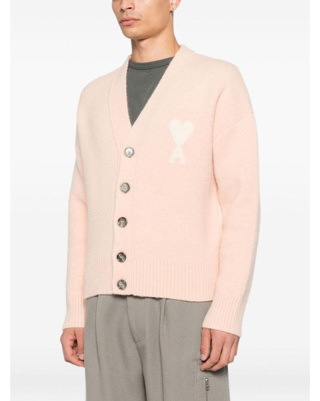 AMI Pink Knitted Logo Cardigan for men