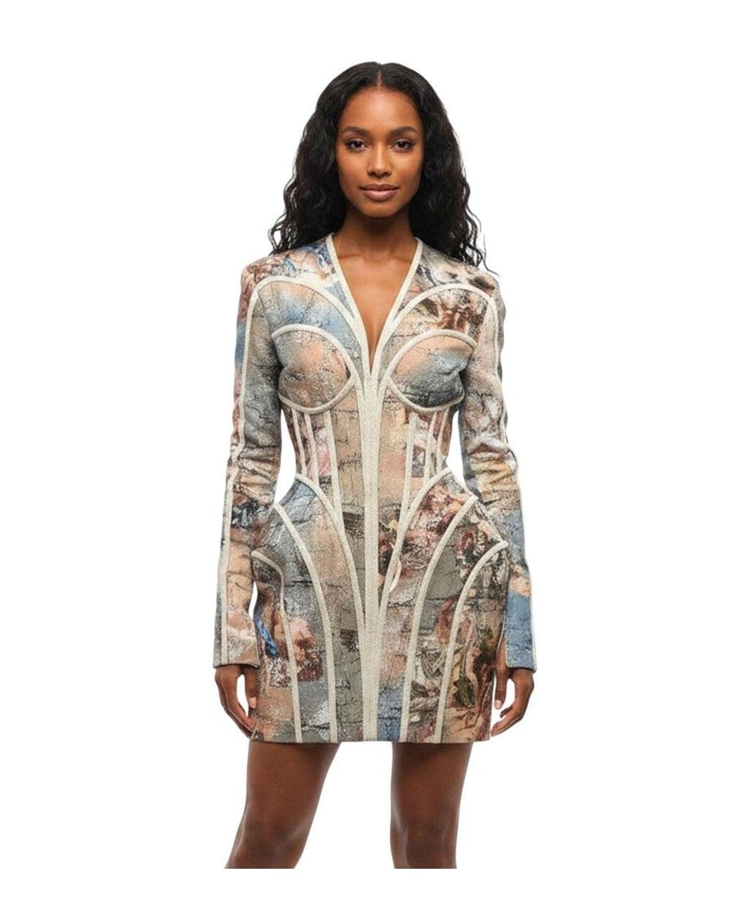 Balmain Brown Printed V Neck Mini Dress