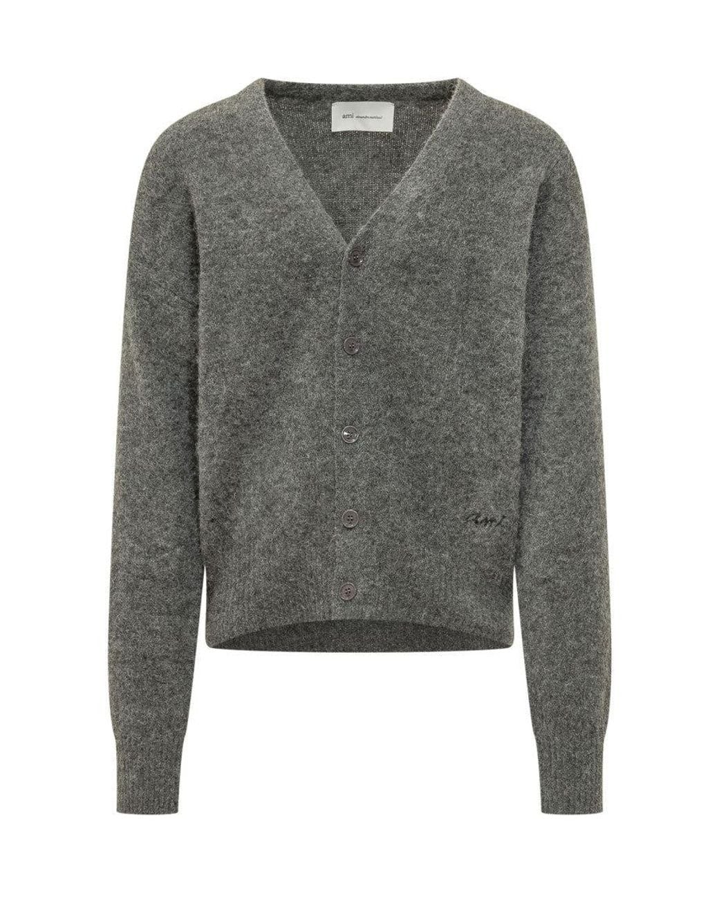AMI Gray Knitted V Neck Cardigan for men