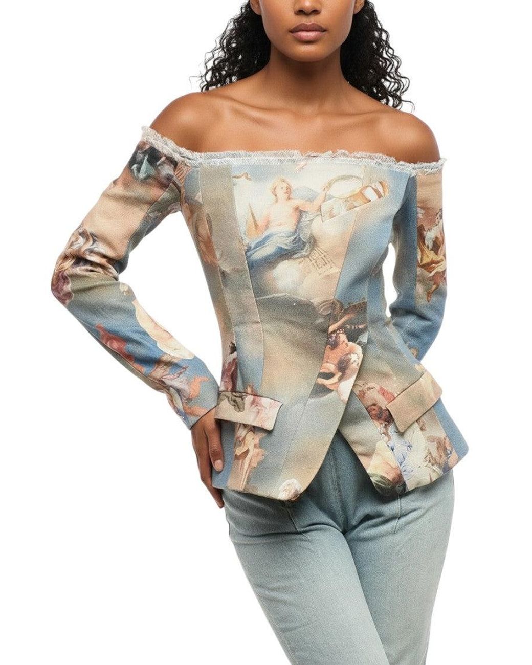 Balmain Gray Printed Off Shoulder Jacket