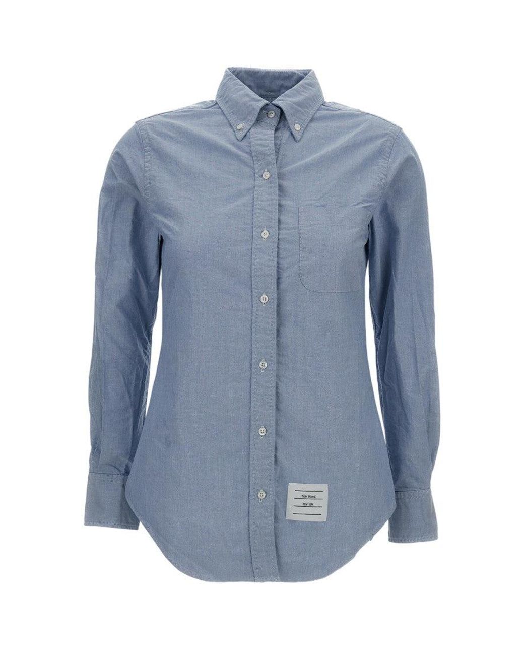 Thom Browne Blue Oxford Fabric Long-Sleeved Shirt With Button-Down Collar