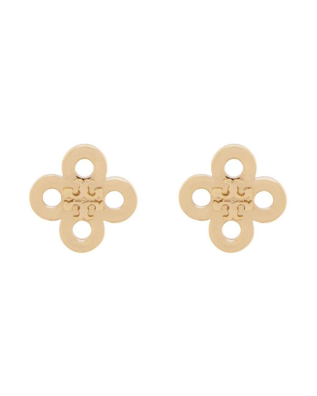 Tory Burch White Golden Logo Stud Earrings
