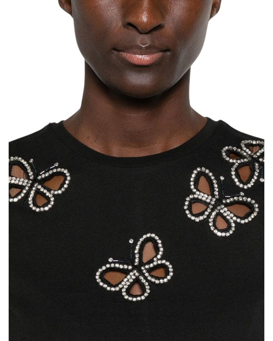 Alice & Olivia Black Embellished Round Neck T-Shirt