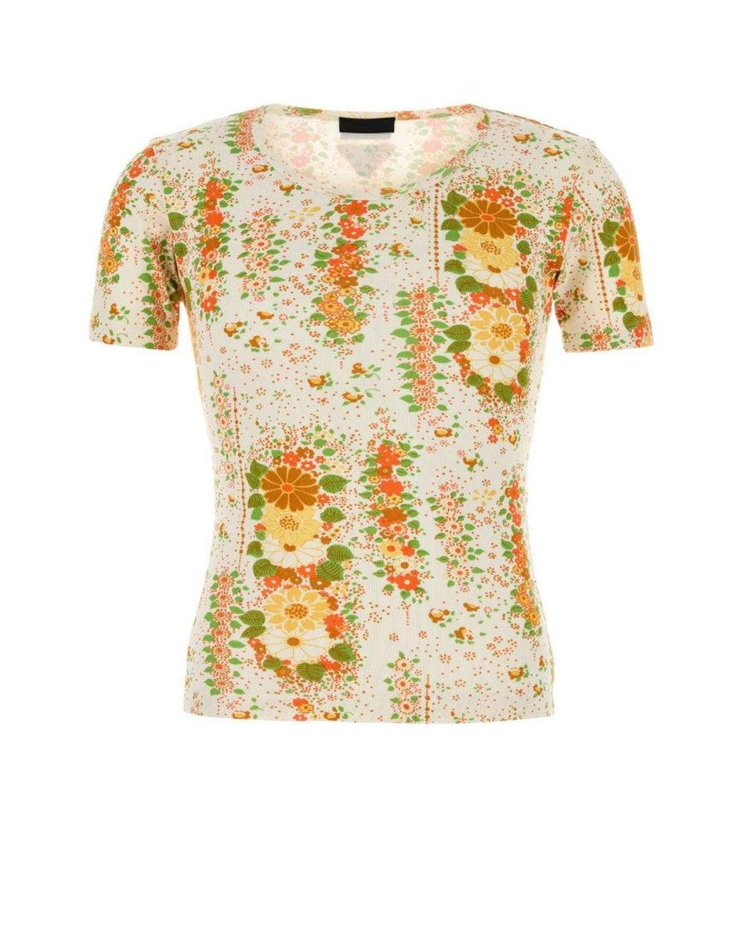 Prada Yellow Multi Color Printed Cotton T-Shirt