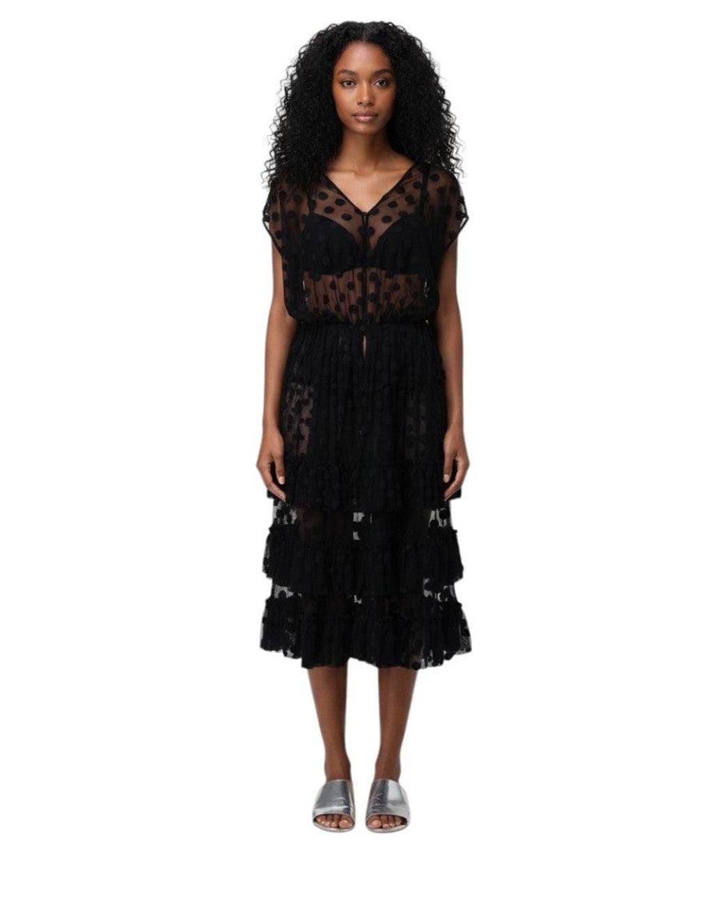 Dries Van Noten Black Polka Dot V Neck Midi Dress