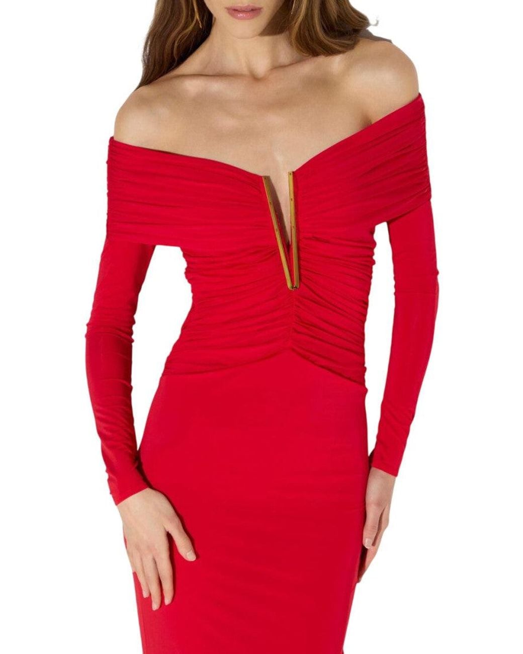 Elisabetta Franchi Red Off Shoulder Maxi Dress