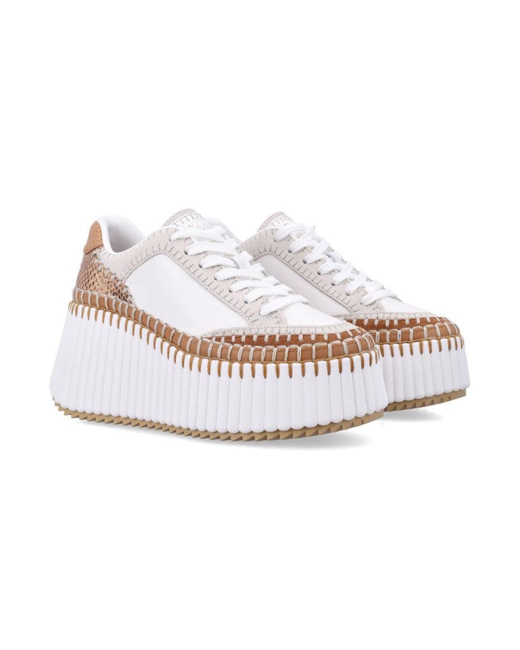 Chloé White Nama Wedge Platform Sneakers With Embossed Leather Inserts, Hand-Applied Welt Stitching (8 Cm Heel, 4.5 Cm Platform)