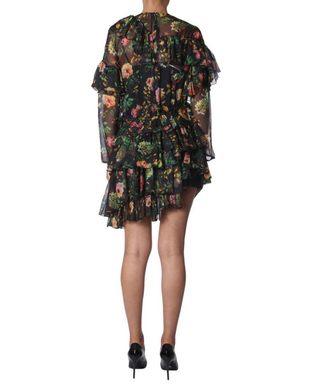 MSGM Black Floral Round Neck Knee Length Dress