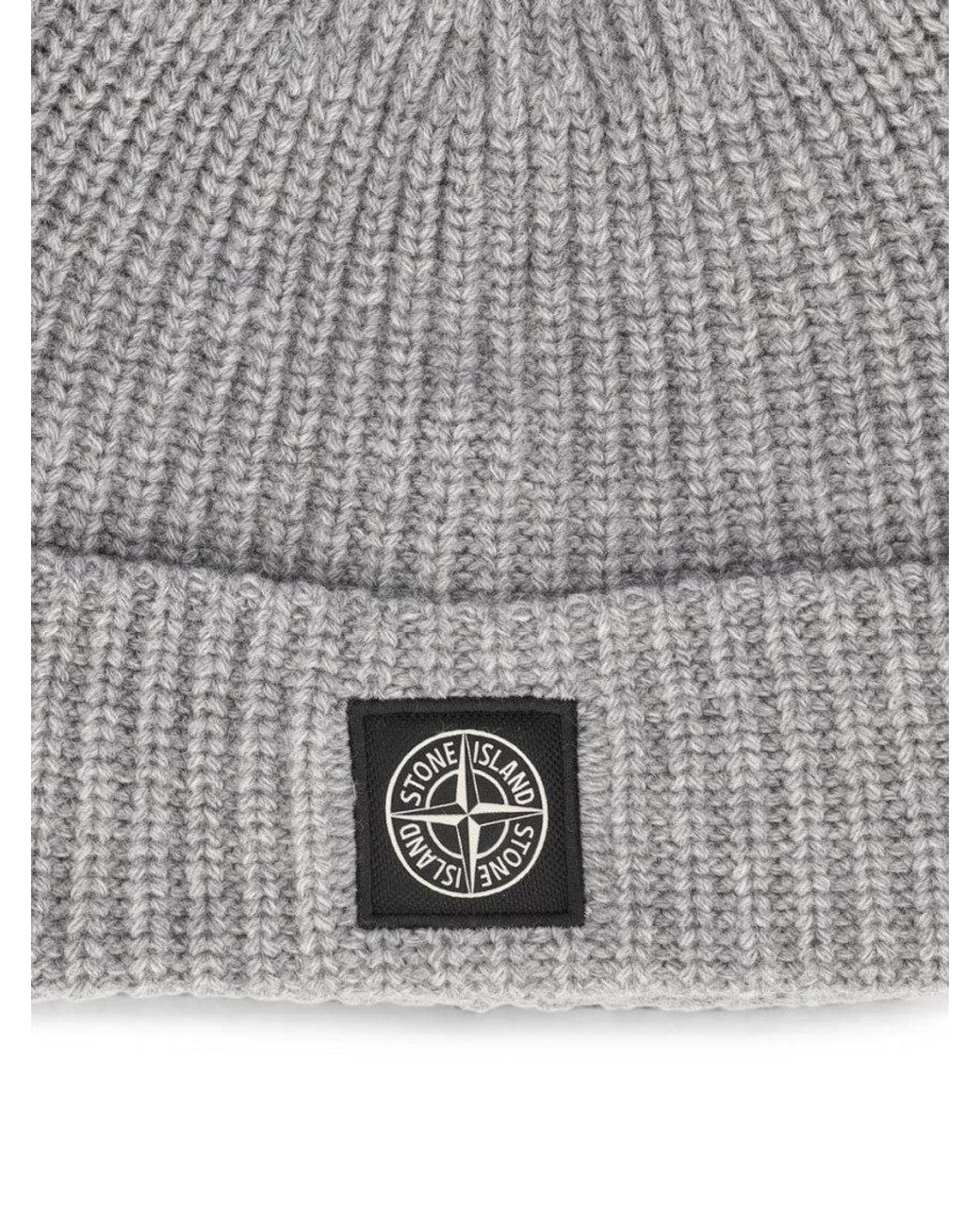 Stone Island Gray Knitted Beanie Cap for men