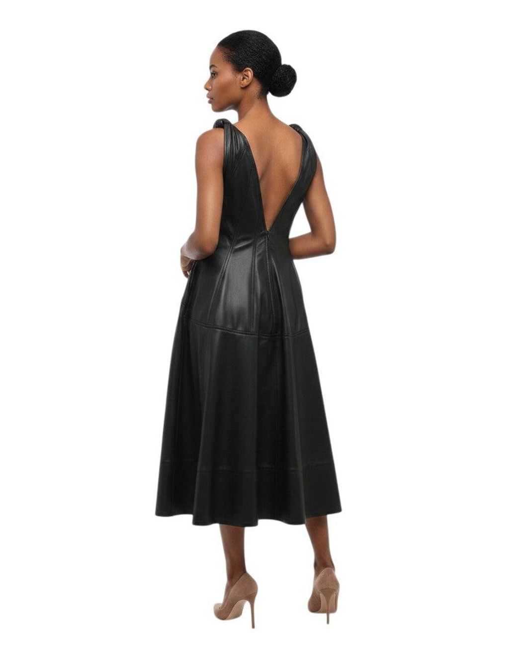 Bottega Veneta Black Solid V Neck Midi Dress