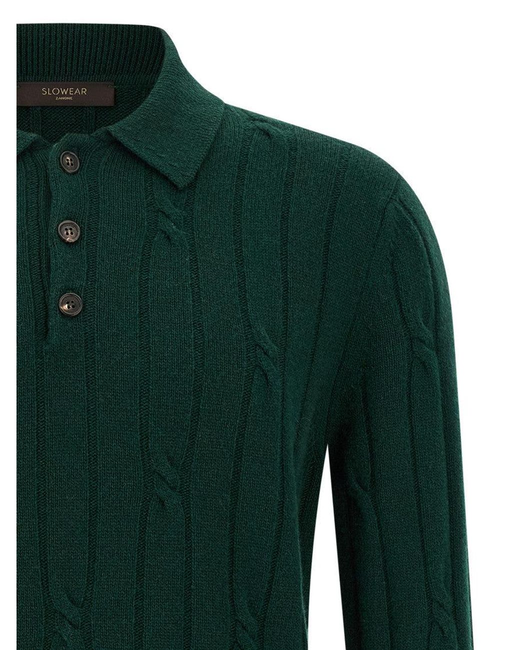 Zanone Green Dark Braided Wool Polo Shirt for men