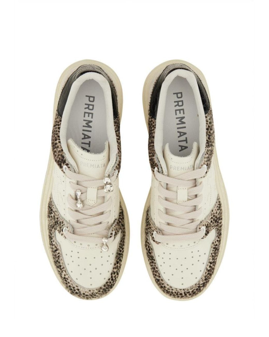 Premiata White Low-Top Sneaker With Spotted Animal Print And Textured Sole