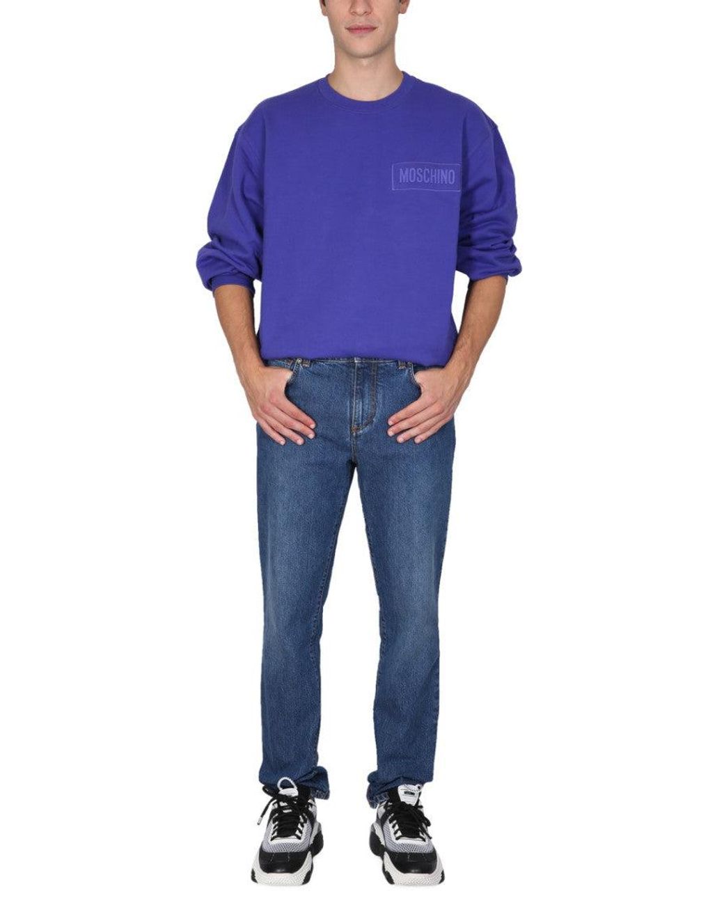 Moschino Blue Sweatshirt With Logo Patch Cotton Sweatshirts for men