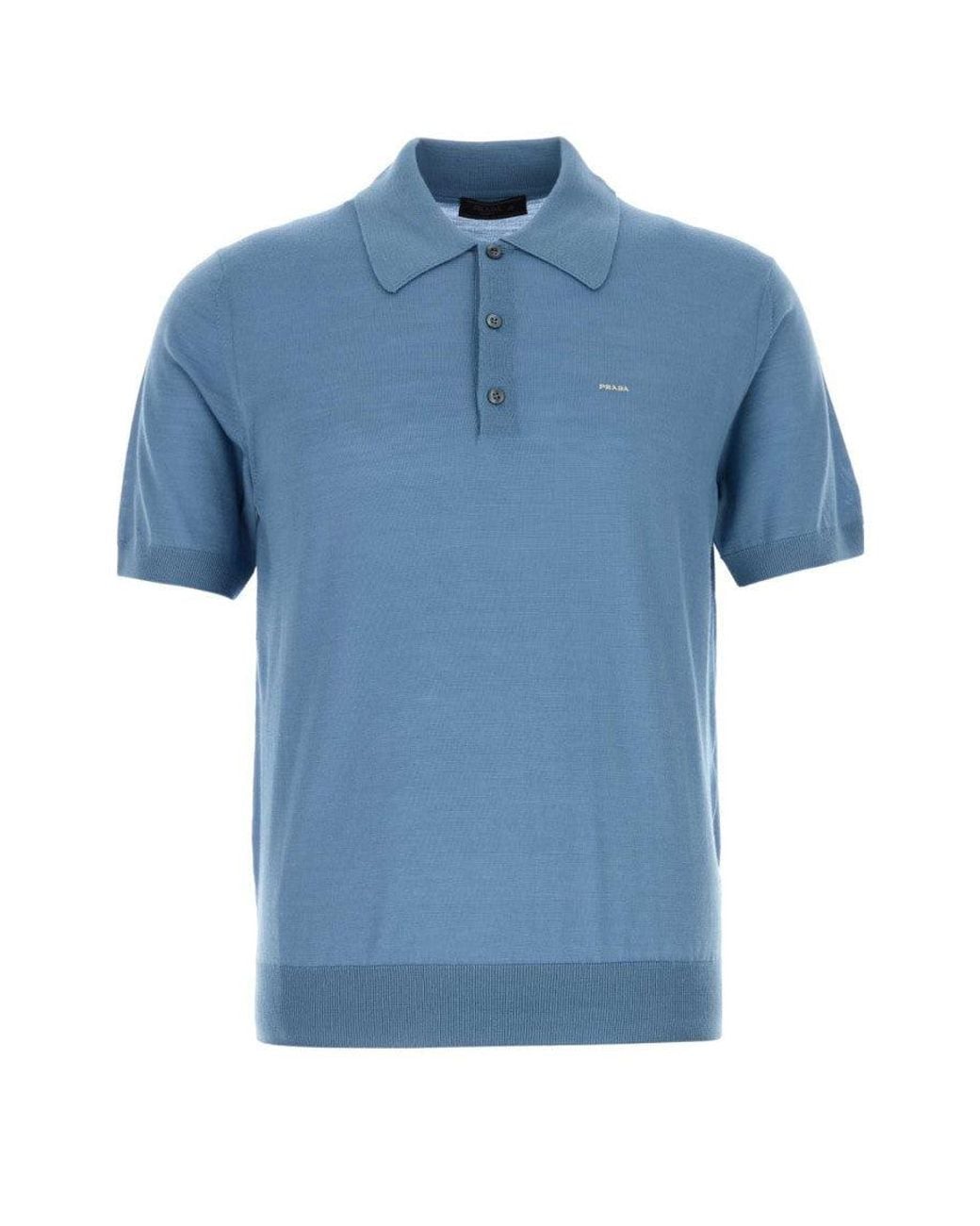 Prada Blue Light None Solid Shirt Collar Polo for men