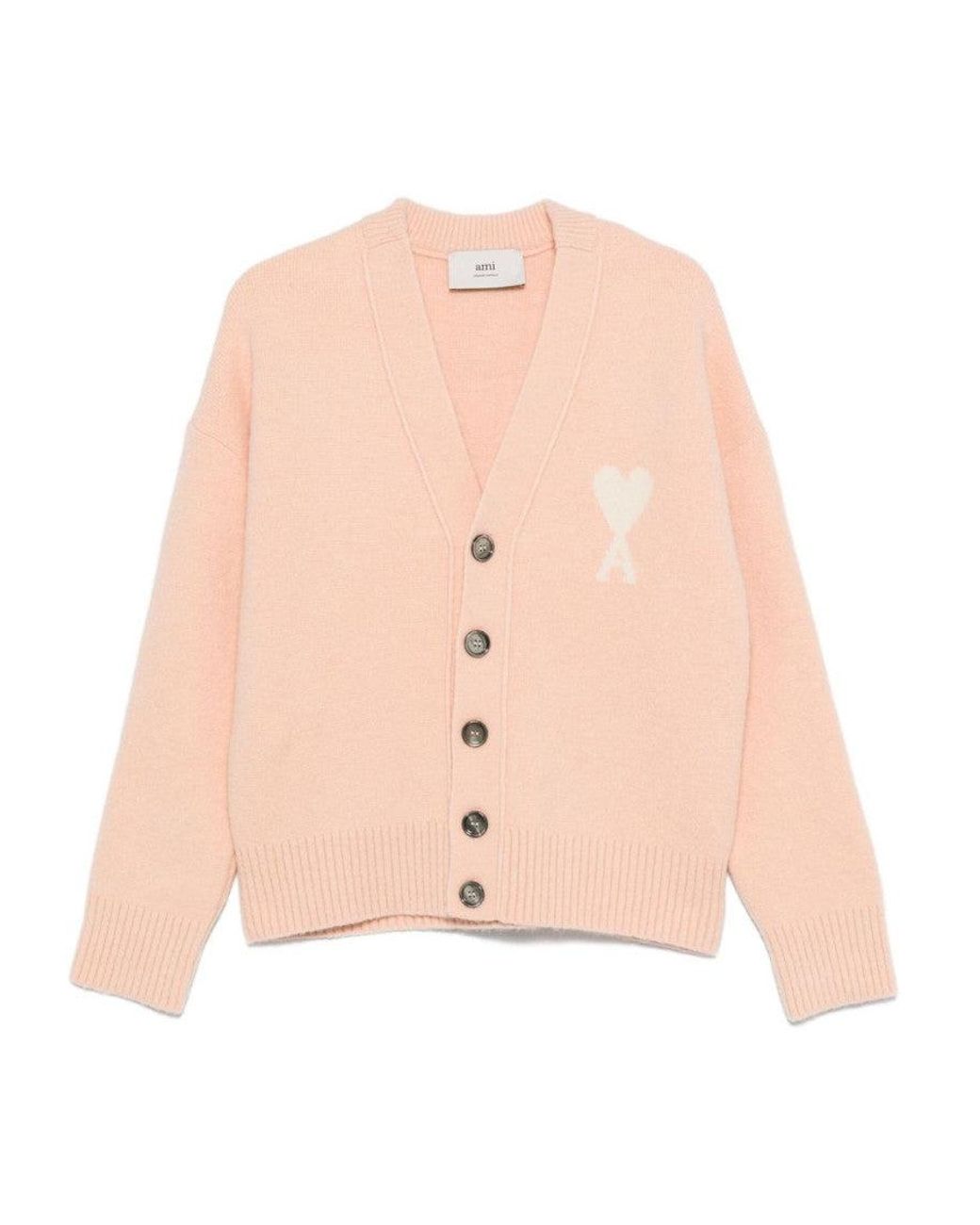 AMI Pink Knitted Logo Cardigan for men