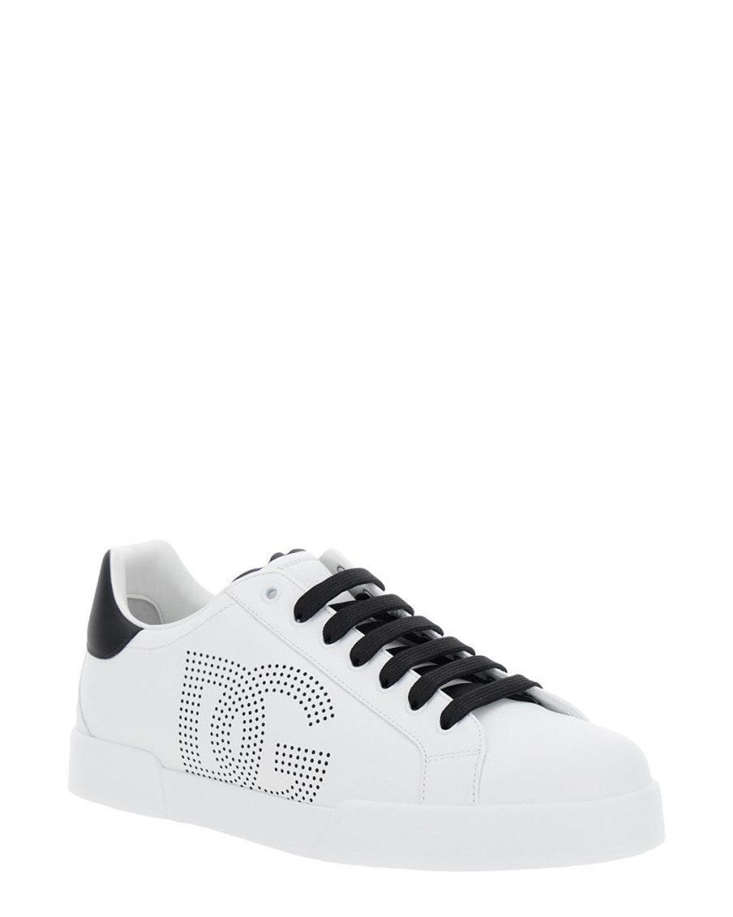 Dolce & Gabbana White Mini Logo-Trim Leather Low-Top Sneakers for men