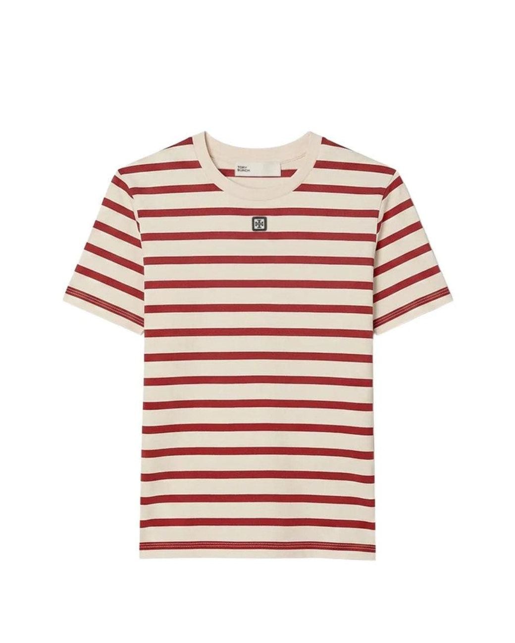 Tory Burch Pink Logo Chest Striped Cotton T-Shirt