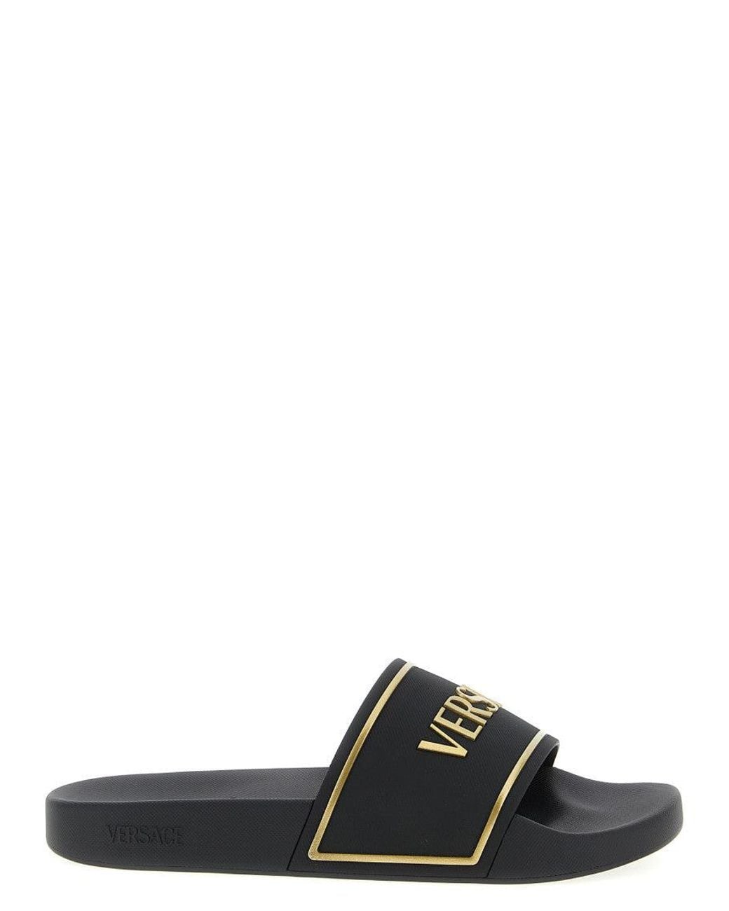 Versace Black Logo Embroidered Slides for men