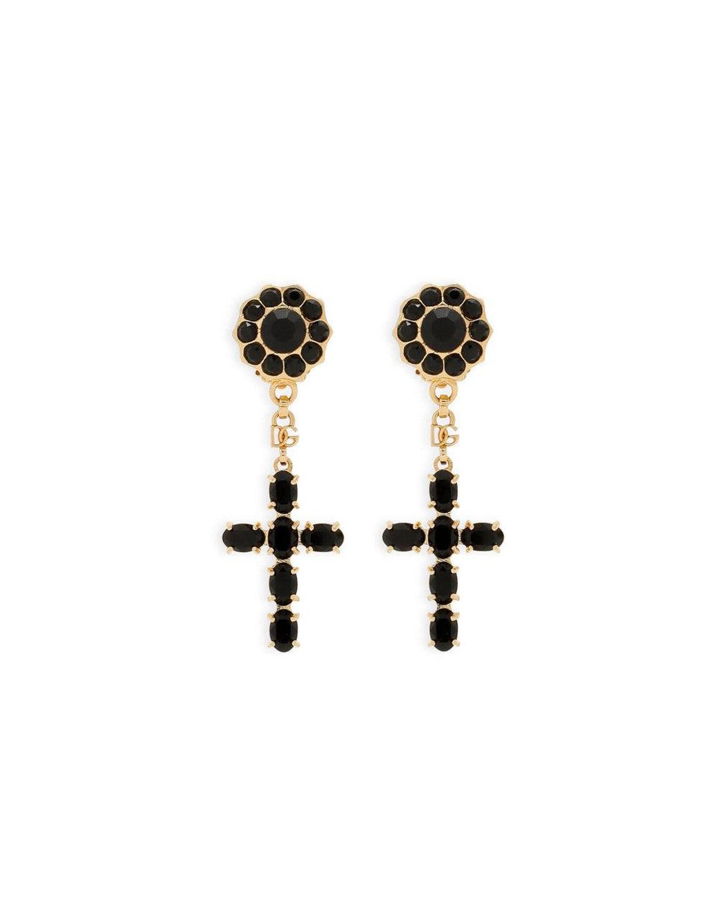 Dolce & Gabbana Black Golden Logo Drop Earrings