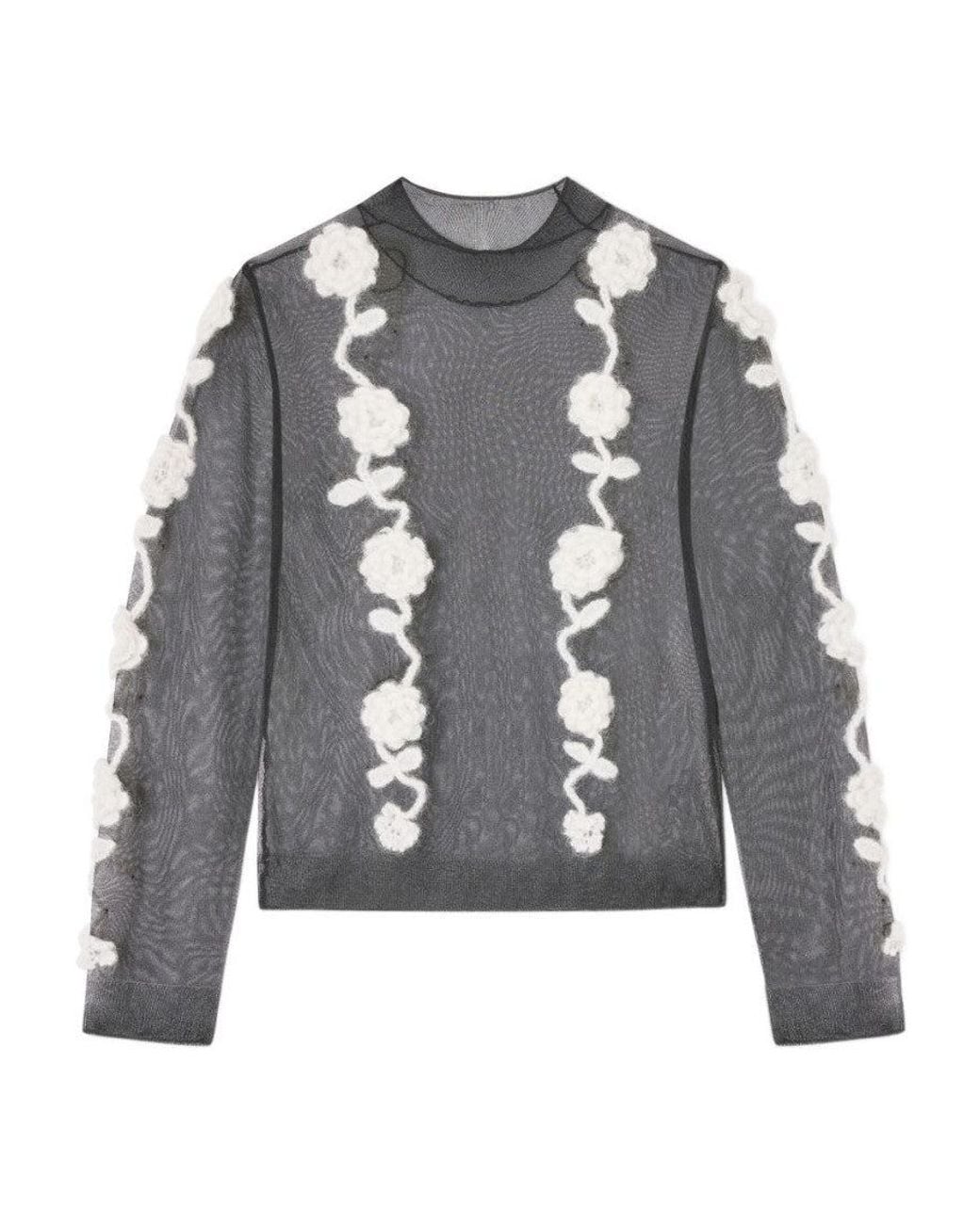 Ganni Gray Crochet-Flower Top