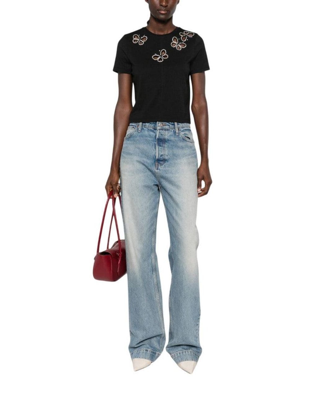 Alice & Olivia Black Embellished Round Neck T-Shirt